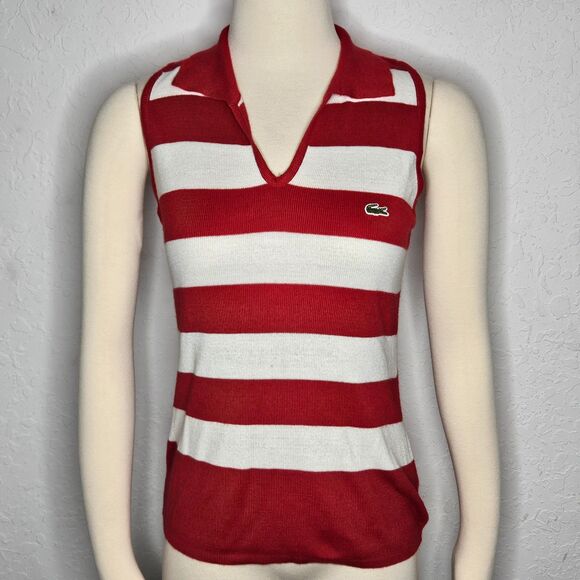 Lacoste Red White Striped Sleeveless Knit Polo Top Retro Y2K Preppy Size 6 Small - Picture 1 of 6
